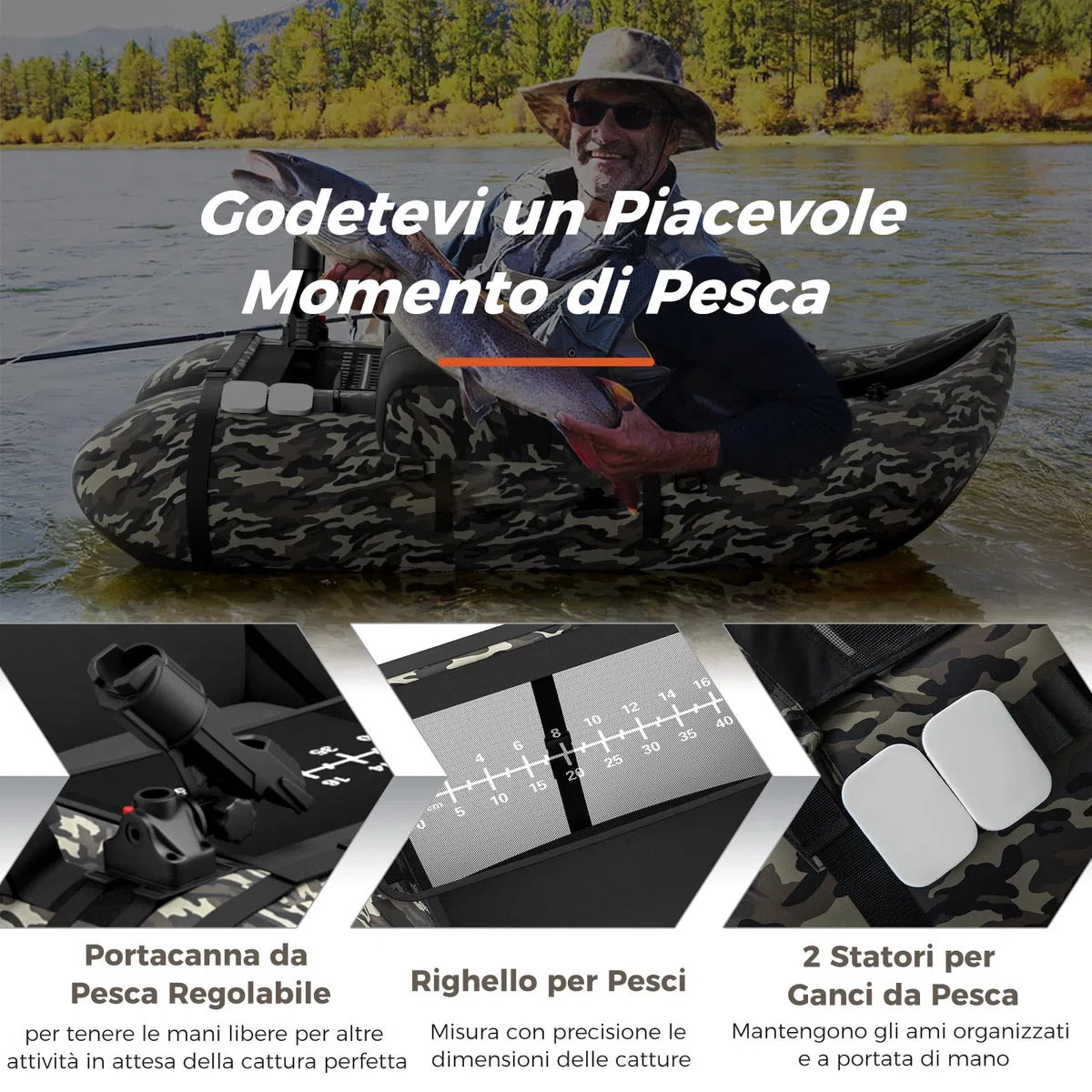 COSTWAY Belly Boat da Pesca Portatile, Gommone Gonfiabile da Pesca con Porta Canne Regolabile, Pompa, Pagaia in Alluminio, Spallacci e Kit di Riparazione, Barca da Mare con 2 Pinne, capacità 160kg
