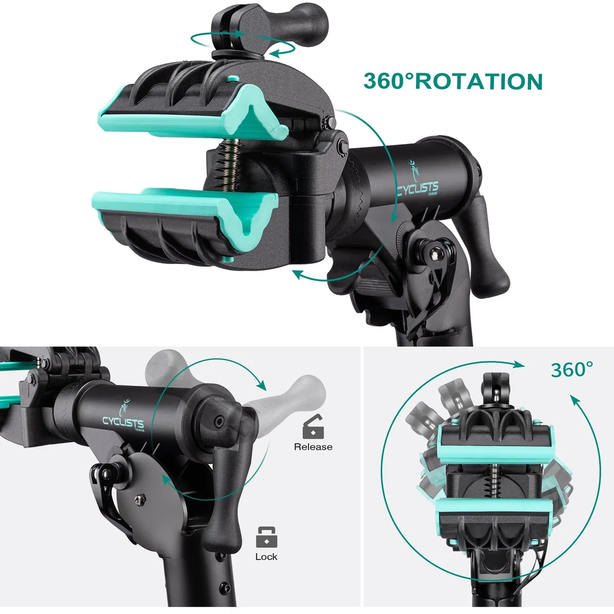 cyclists Cavalletto Manutenzione Bici 50kg,Supporto Riparazione E-Bike Pieghevole in Alluminio,Altezza Regolabile,Rotazione 360°,Stand per MTB e Bici da Corsa (Nero)