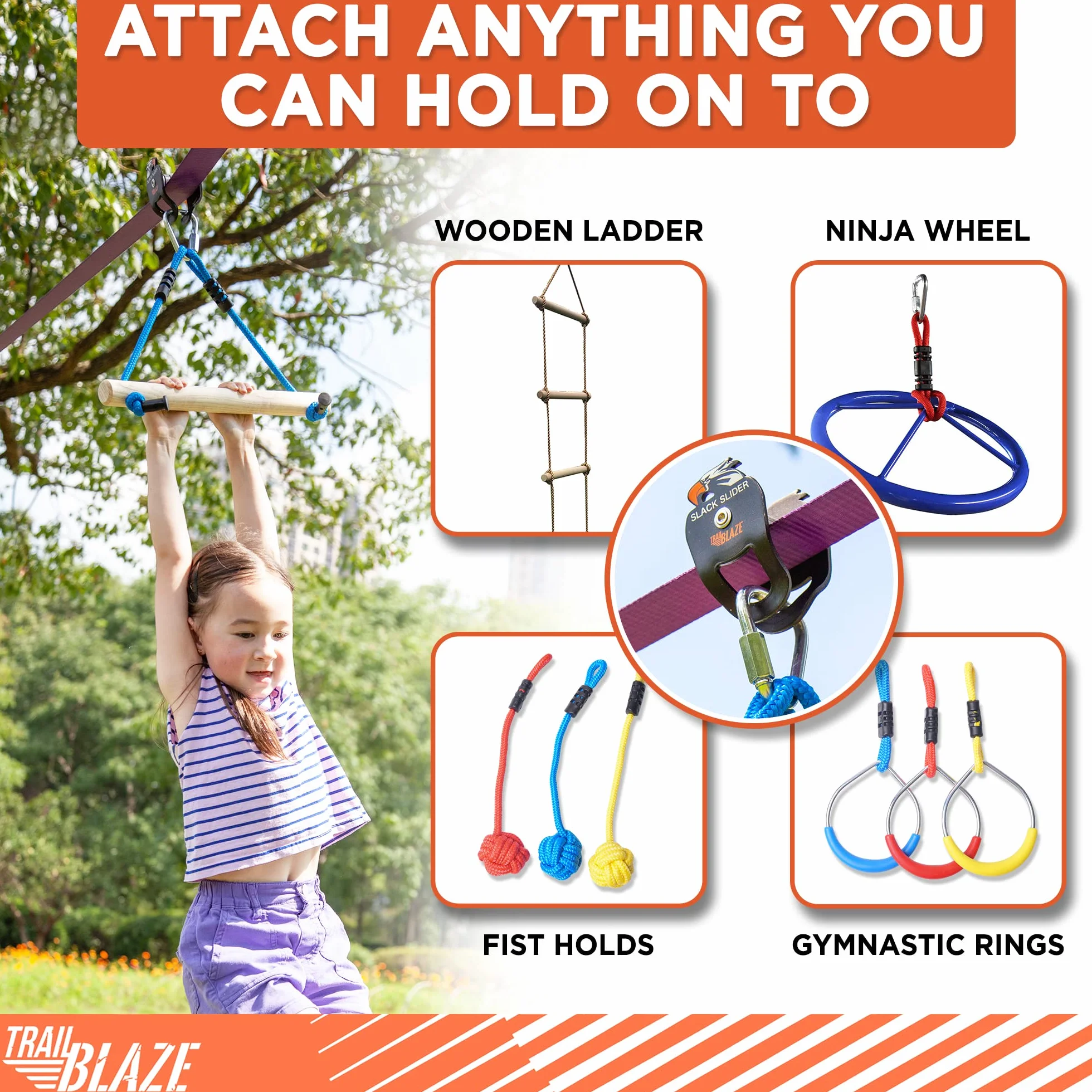Kit Zipline Slider Pulley per Slacklines - Capacità di Carico 136,1 kg - Ninja Warrior Corsa ad Ostacoli per Bambini Con Monkey Bar - Backyard Fun