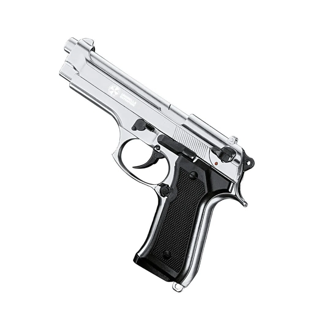 Pistola a Salve Mod. 92 Top Firing 9 mm, Segnalatore Acustico Scacciacani/Addestramento, Chrome - Kit con Olio Ballistol Incluso