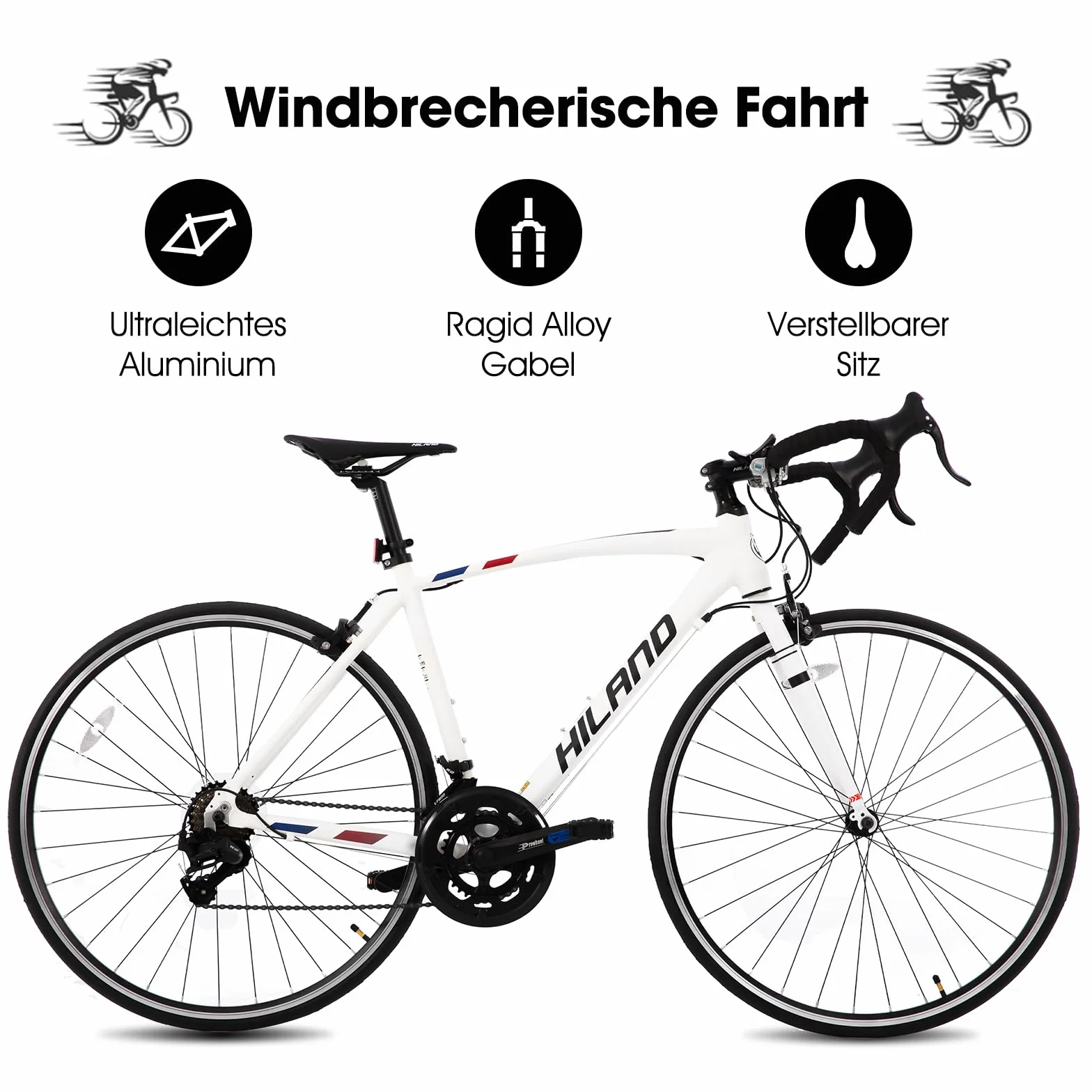 HILAND Bicicletta a pendolo ibrida da da 28 pollici, telaio in alluminio 700c bici da strada, per uomini e donne, 14 velocità, per adulti, telaio da 490/530/570 mm, Bianco/Nero