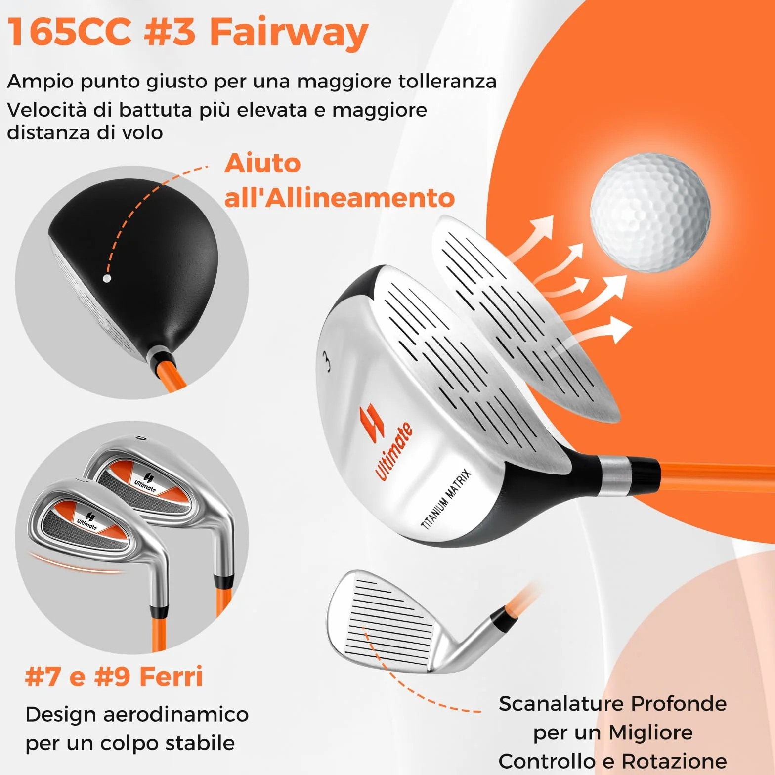GYMAX Set Completo di Mazze da Golf per Bambini, Include 205CC #3 Fairway, Ferri #7 & #9, Putter, Copritesta, Sacca da Golf Portatile con Cappuccio Antipioggia, per Ragazzi 8-10/11-13 Anni