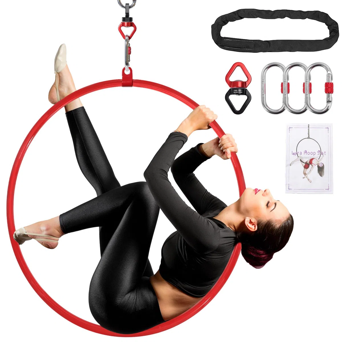 Cero Aereo con Borsa da Magazzino Accessori - Lyra a Punto Singcolo Rosso Premium 85 /90cm Set Anello Yoga Aereo per Circo, Acrobazie, Danza e Yoga, Sistema di Sicurezza 2 Tonnellate e Finitura Lucida