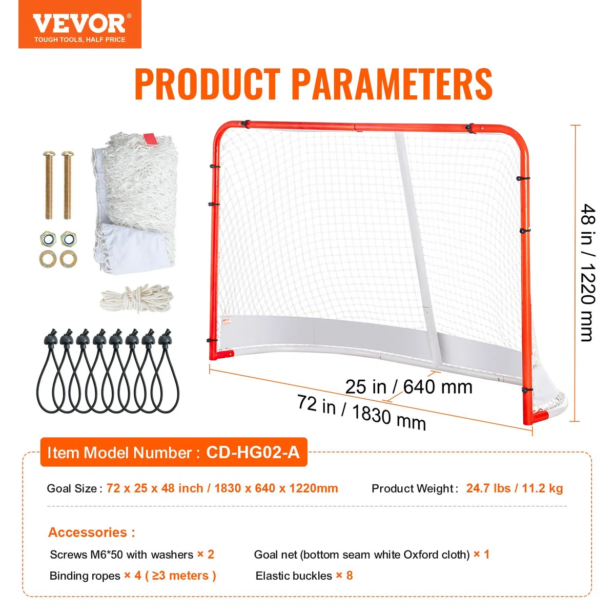 VEVOR Rete di Hockey per Strada, Porta da Hockey in Acciaio Interni Esterni, Set di Porte da Allenamento, Pro Regolamentare Ufficiale Porta da Hockey Portatile con Rete 183 x 122 cm, Bianco e Rosso