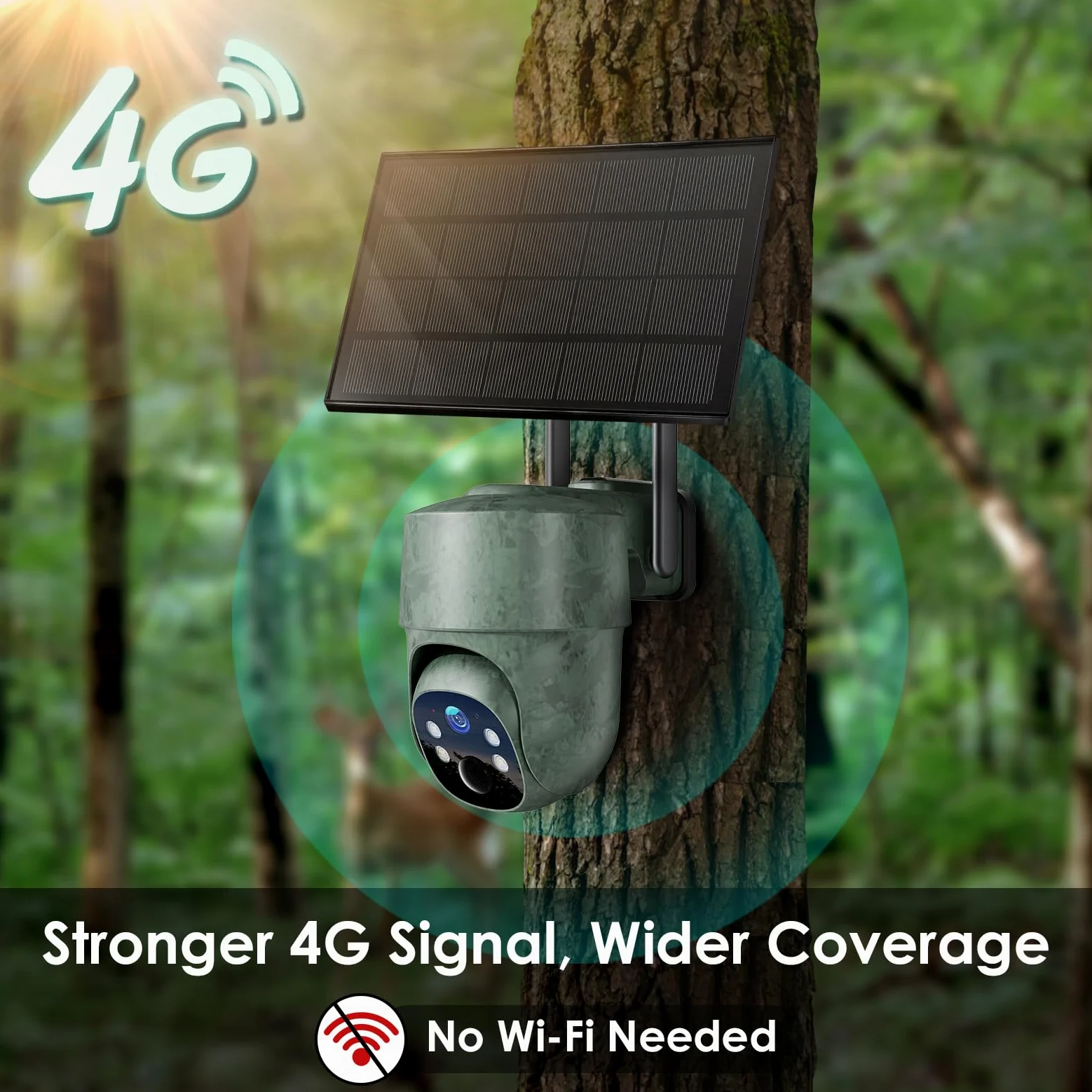 WOLFANG Fotocamera da Caccia 4G con SIM, 2.5K Telecamera Esterna con Pannello Solare e APP, 360° PTZ Fototrappola Infrarossi Invisibili, Visione Notturna a Colori, Rilevamento PIR, Impermeabile IP66