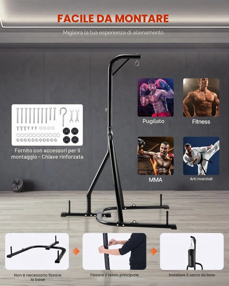 VEVOR Supporto per sacco da boxe, in acciaio resistente, attrezzatura per allenamento di allenamento, altezza regolabile, supporto da boxe con base ponderata, supporta fino a 63,5 kg, autoportante
