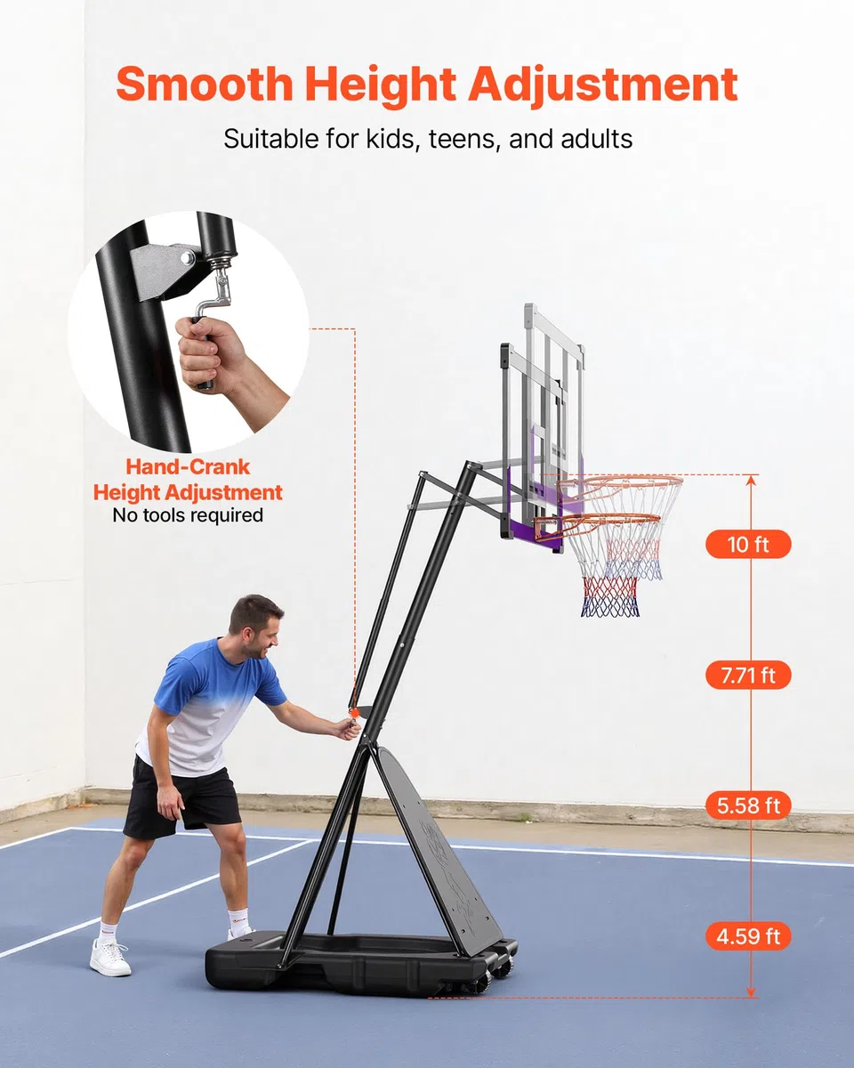 VEVOR Canestro da Basket Portatile, Altezza Massima 3,05 m, Regolabile Manualmente, Sistema da Basket con Tabellone in PC da 1219,2 mm, Set di Tabelloni per Sistema da Basket per Cortili, Scuole