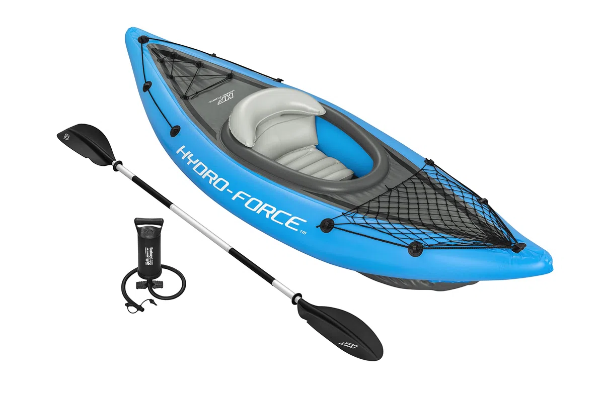 Hydro-Force Cove Champion, set kayak gonfiabile per 1 persona con pompa a mano, pagaie, borsa per il trasporto, blu