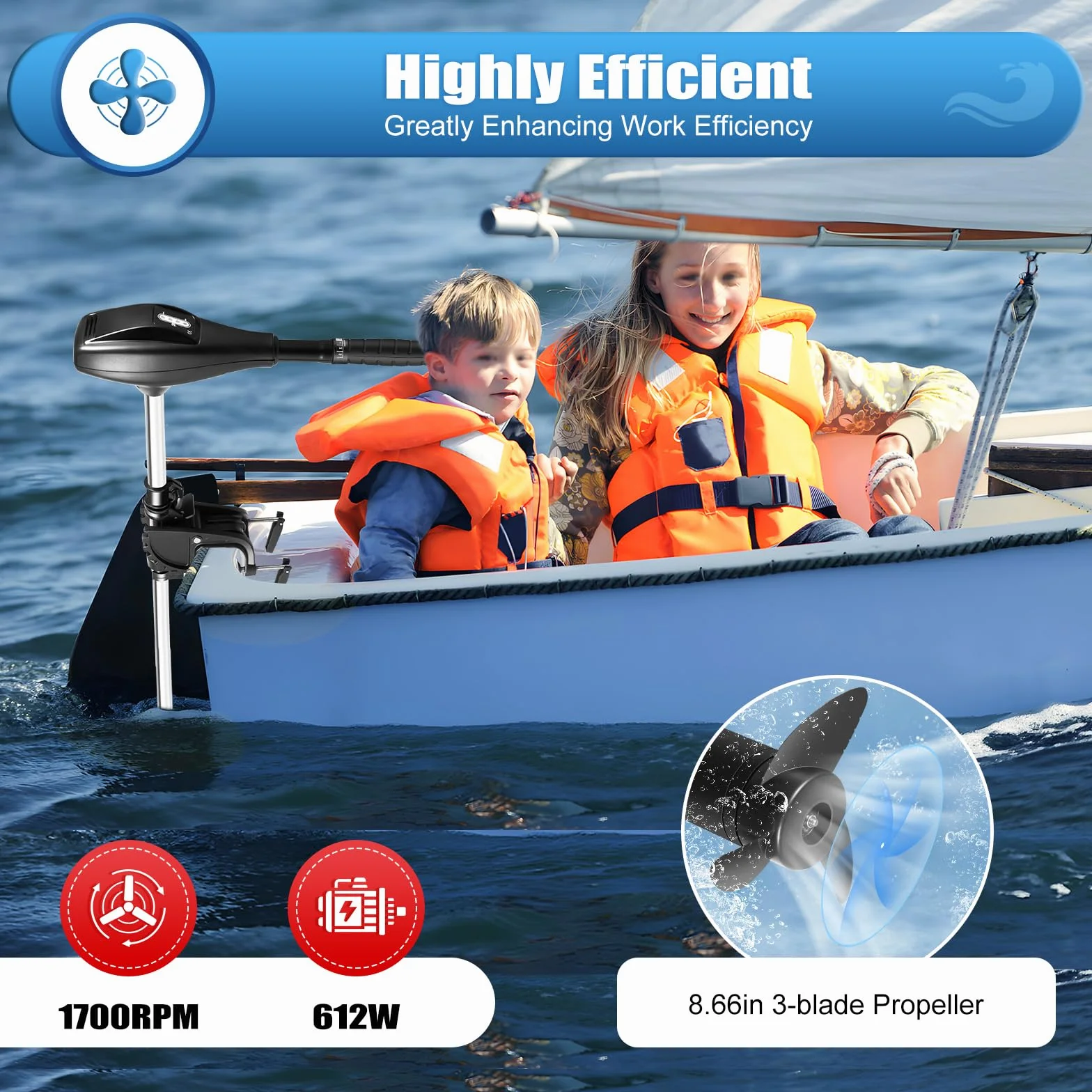 Motore elettrico fuoribordo da 58LBS, motore per barche da 12V 612W, fuoribordo elettrico, regolabile in altezza, con indicatore di batteria, con 5 marce avanti e 3 indietro, per gommone con motore
