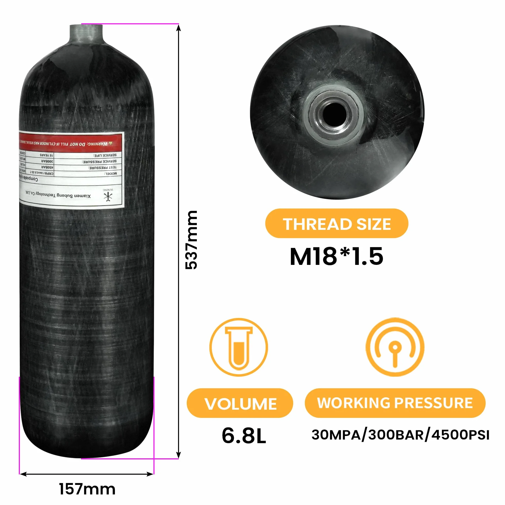 TUXING Serbatoio d'aria in fibra di carbonio da 6,8 l, 300 bar, stazione di riempimento per paintball, con due manometri, fino a con tubo ad alta pressione da 24 pollici, M18 x 1,5, contenente ferro