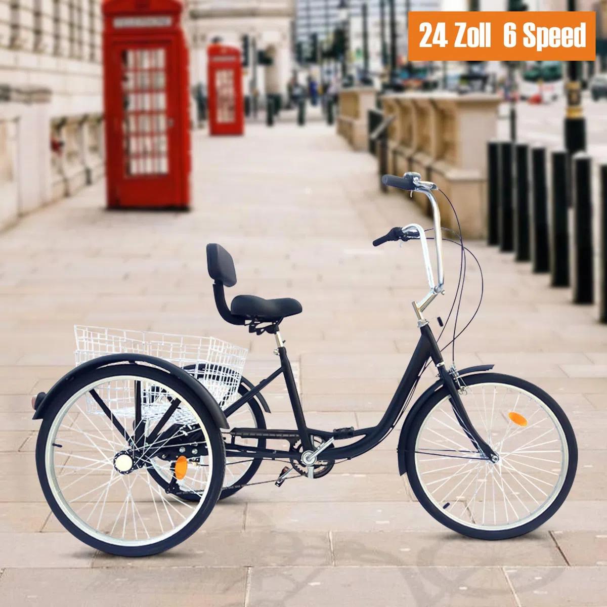 24 Pollici Triciclo per Adulti Bicicletta 3 Ruote Adulto Regolabile in Altezza con Parafango e Maniglia Antiscivolo 6 Velocità Triciclo con Cestino, per Uomo, Donna, Senior