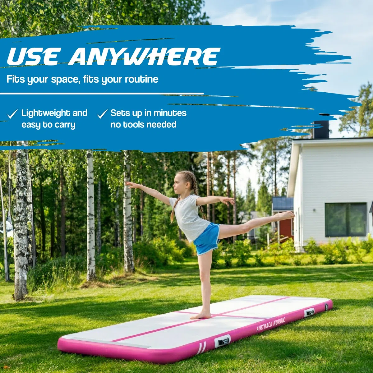 AirTrack Nordic Home 3m – Tappeto ginnastica gonfiabile artistica – Air Track con pompa aria elettrica & borsa trasporto – Qualità premium & resistente – Per ginnastica, tumbling, yoga, fitness & casa