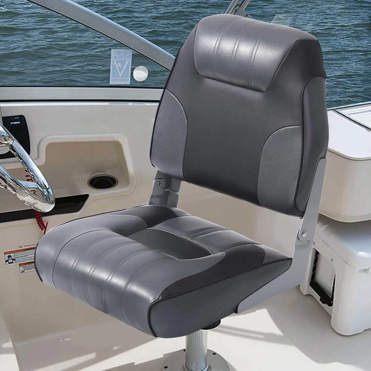 Set di 2 sedili pieghevoli per barca – Schienale basso – Imbottitura spessa e impermeabile – Facile montaggio – Perfetti per pesca, gite, motoscafi – Con viti in acciaio inox – Nero e grigio