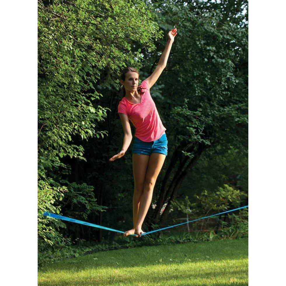 Slackers USA Slackline Classic 15m, set con linea di insegnamento aggiuntiva, corrimano per un facile apprendimento, protezione con cricchetto, borsa, ideale per bambini e famiglia, 980010