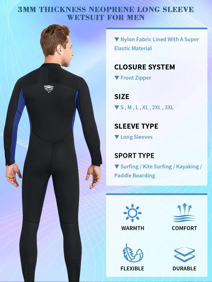 Muta in neoprene da 3 mm, per immersioni subacquee a tutto il corpo, cerniera frontale, a maniche lunghe, elasticizzata, per nuoto, snorkeling, immersioni, surf, sport acquatici