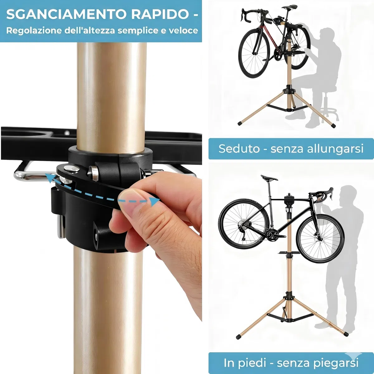 Cavalletto 3 Gambe Alluminio Riparazione e Montaggio Bici, Completamente Pieghevole, Doppio Blocco Sicurezza, Compatto, Ultraleggero, Ampio Vassoio Magnetico