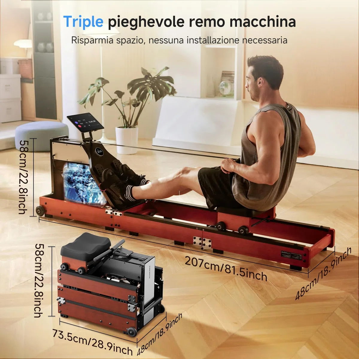 Vogatore Pieghevole per Casa, doppia Resistenza all'acqua e Resistenza Magnetica Macchina a Remi Vogator per Casa Fitness Allenamento