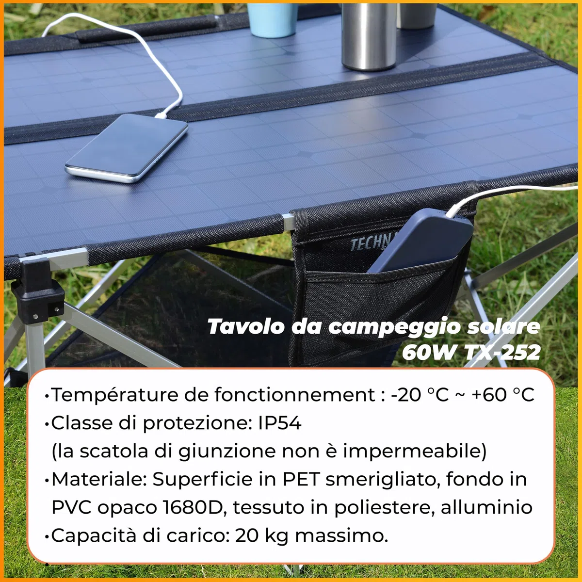 Technaxx TX-252, tavolo solare da campeggio pieghevole da 60W, pannello solare monocristallino con 3x porte USB, uscita DC e design robusto - perfetto per il campeggio e le attività all'aria aperta