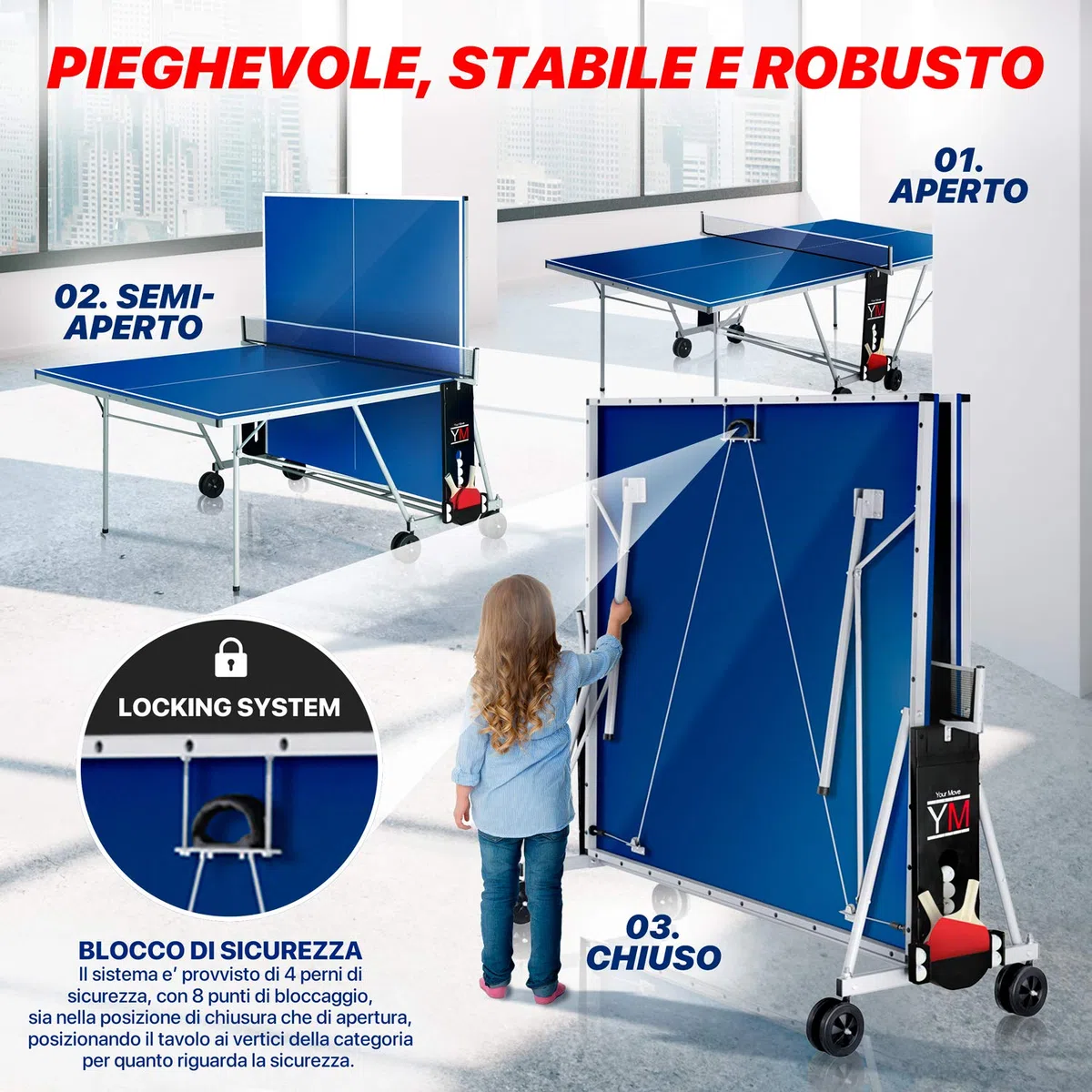YM Tavolo Ping Pong Interno Pieghevole Indoor Drago - Dimensioni Ufficiali da Torneo 274 x 152,5 x 76 cm - Route per Il Trasporto - Racchette e Palline Omaggio Incluse - Sistema Twin Multi Security
