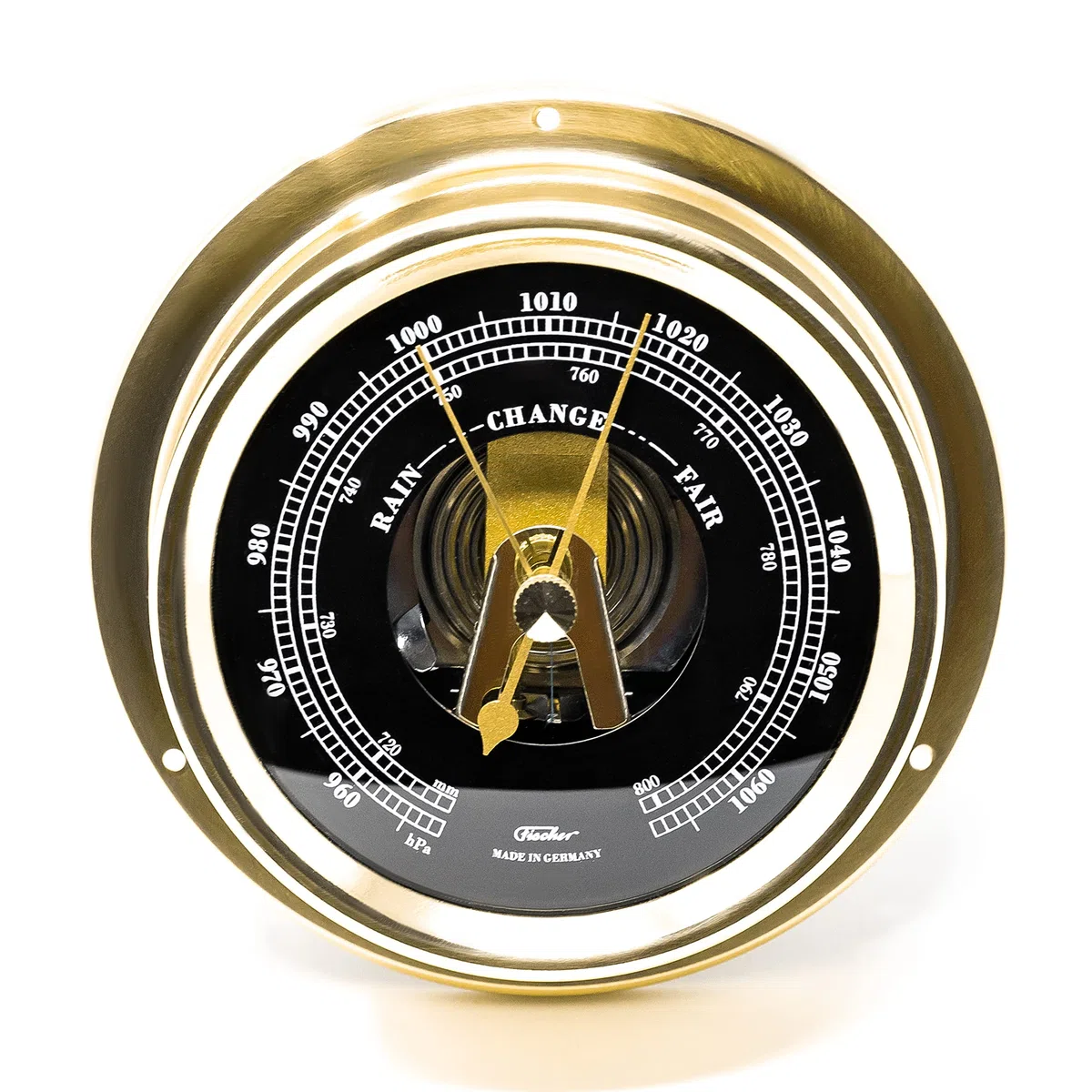 Fischer 1508B-45.6 - Barometro interno marittimo - 125 mm, quadrante nero, cassa in ottone Made in Germany