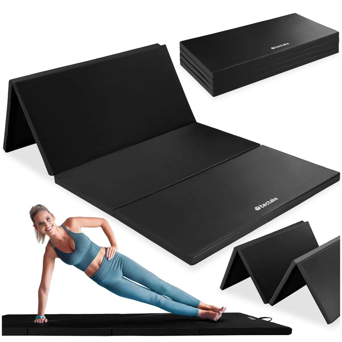 tectake® Tappetino da Ginnastica Pieghevole, Tappeto Fitness Portatile con Superficie Lavabile, Cinghia Trasporto, Tappetino Palestra, Sport, Casa, Yoga, Arti Marziali, 240x120x5 cm - Nero