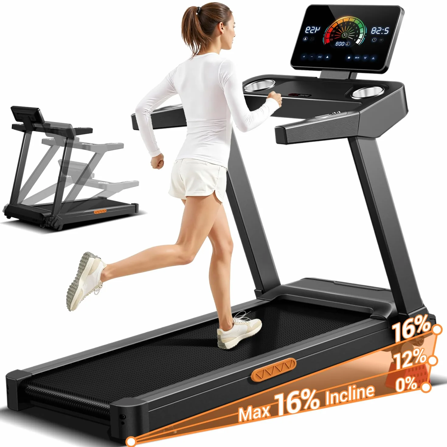 UMAY Tapis Roulant Salvaspazio con 16% Pendenza, 14KM/H Tapis Roulant Elettrico Pieghevole con Cardiofrequenzimetro, Tapirulan da Casa 3.5HP con Display LED, Carico massimo di 180 kg