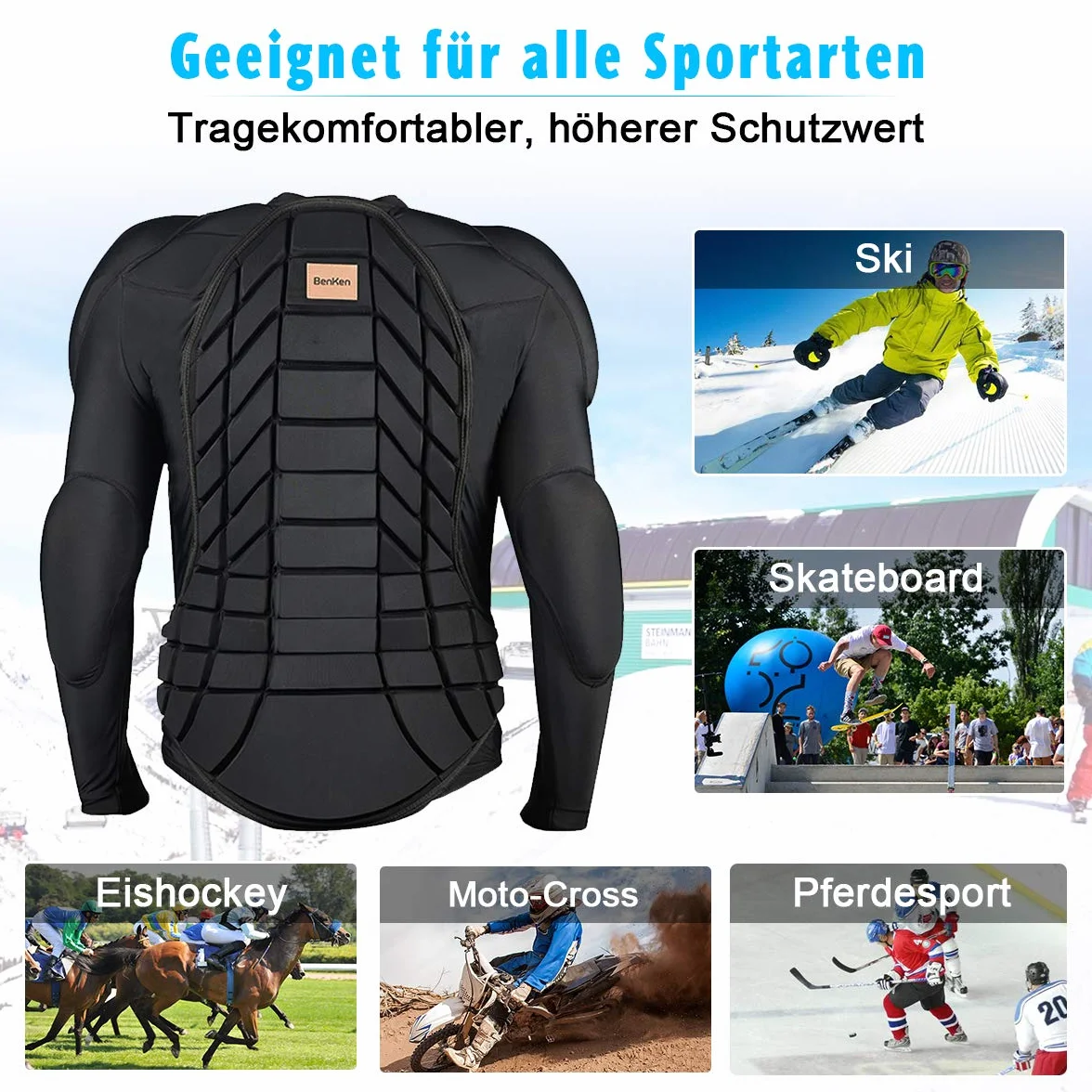 Benken - Sotto giacca regolabile da sci a maniche lunghe Protector Guard Gear Pad con fodera protettiva per schiena e spalle, regolabile per donna e uomo Top Upper Padded Armor