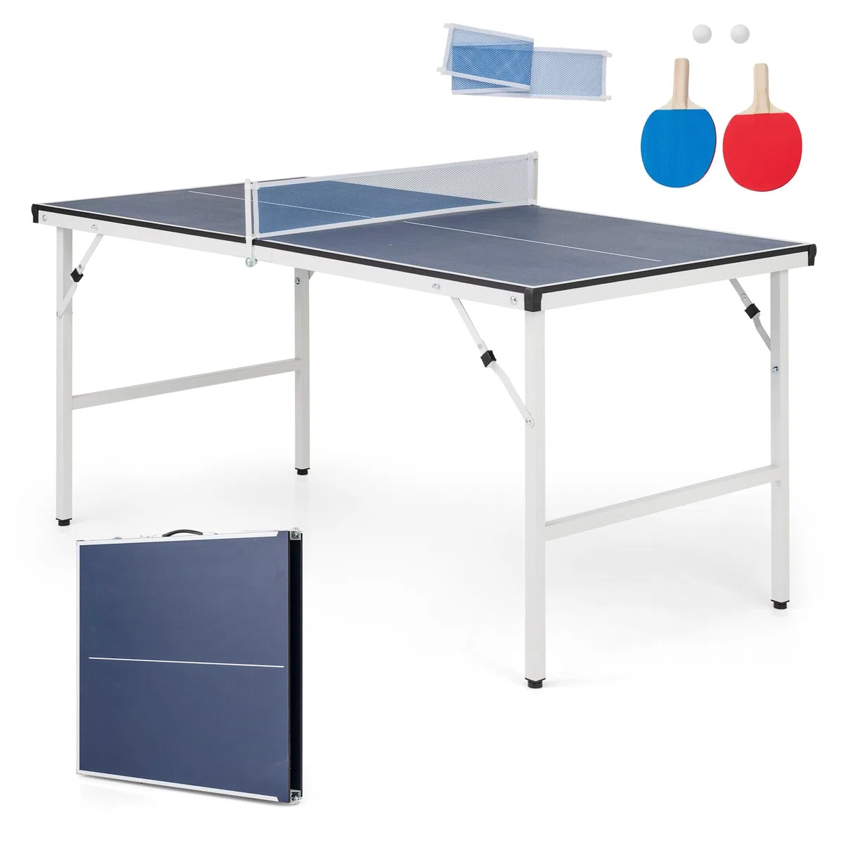 COSTWAY Tavolo da Ping Pong Pieghevole 152,5 x 76 x 71 cm, Tavolo da Ping Pong Salvaspazio e Portatile da Interno ed Esterno con Rete, 2 Racchette, 2 Palline e Maniglia, Preassemblato