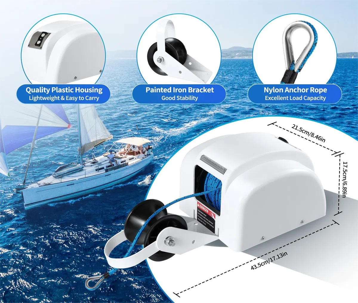 Verricello elettrico 45lbs 12V Argano portatile con telecomando, interruttore automatico di reset adatto per l'ancoraggio di motoscafi e barche da pesca