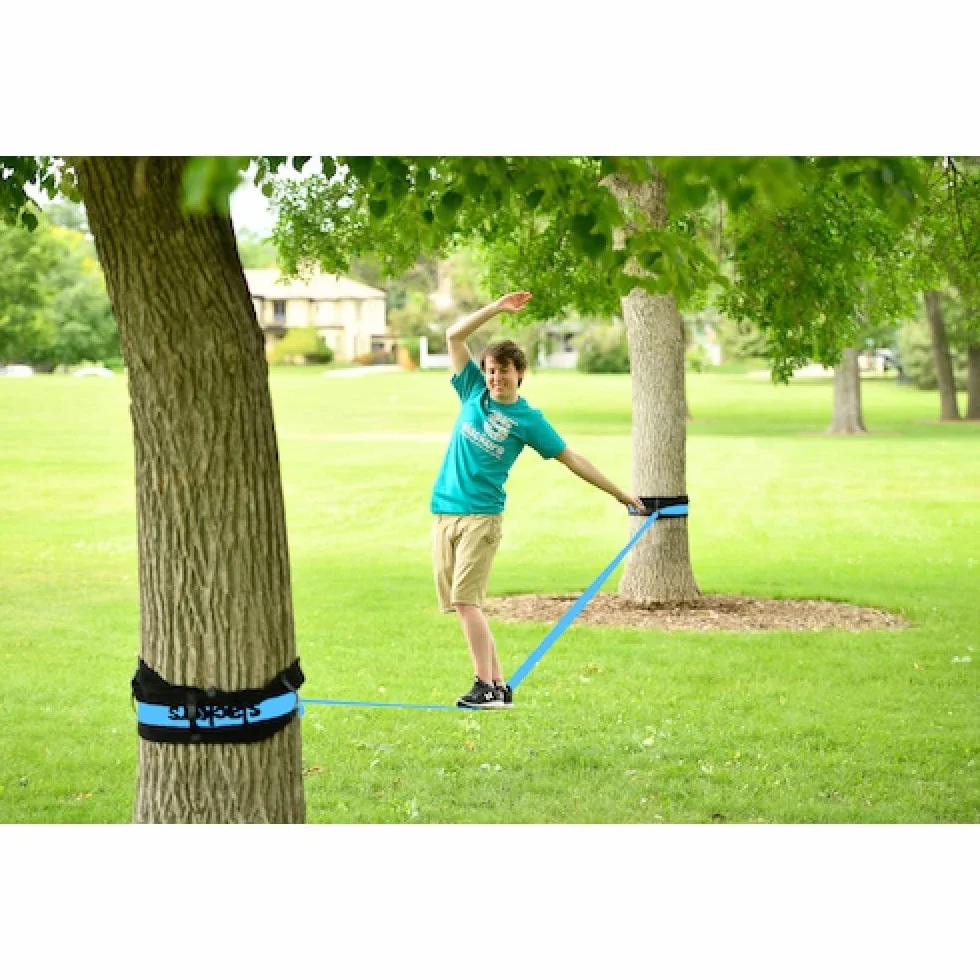 Slackers USA Slackline Classic 15m, set con linea di insegnamento aggiuntiva, corrimano per un facile apprendimento, protezione con cricchetto, borsa, ideale per bambini e famiglia, 980010