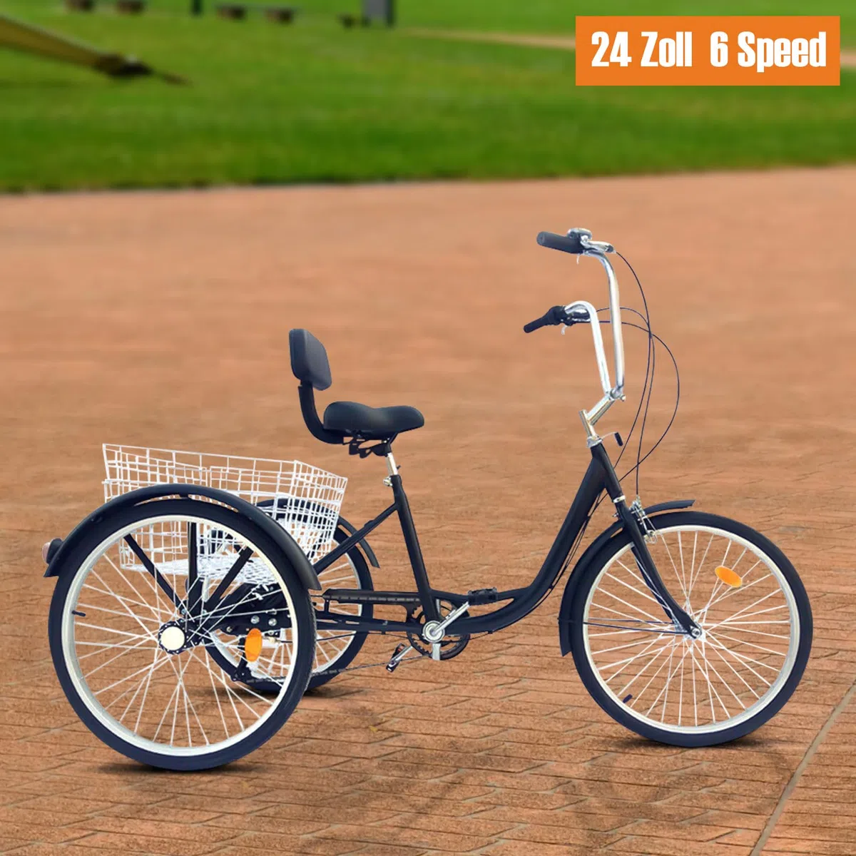24 Pollici Triciclo per Adulti Bicicletta 3 Ruote Adulto Regolabile in Altezza con Parafango e Maniglia Antiscivolo 6 Velocità Triciclo con Cestino, per Uomo, Donna, Senior