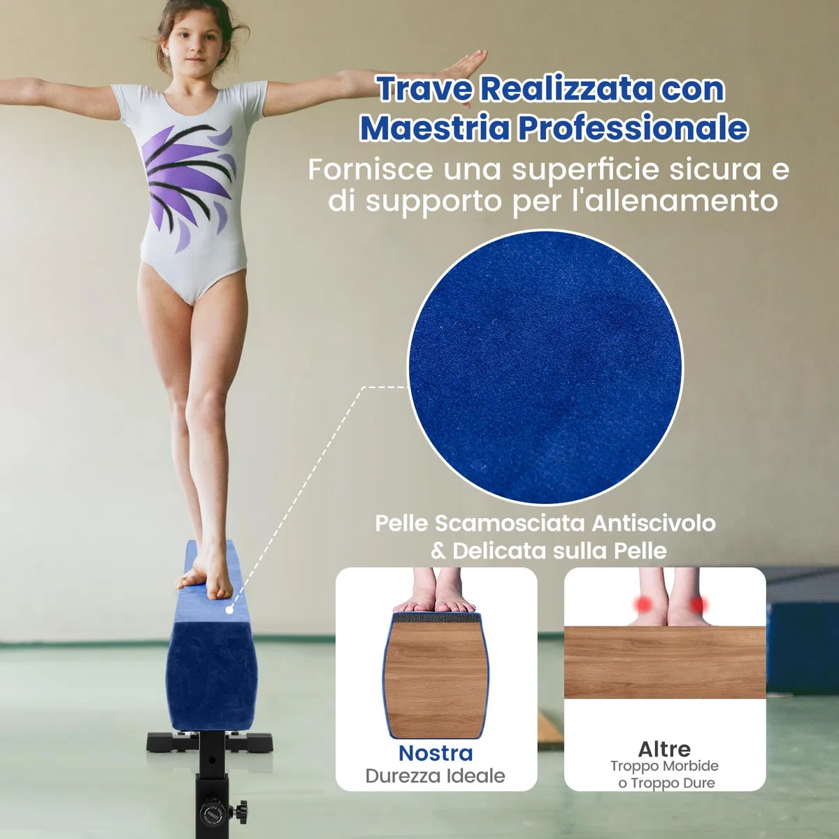 COSTWAY Trave Ginnastica Artistica per Casa Regolabile 226 cm, Trave di Equilibrio con Ruote e 3 Altezze Regolabili e Gambe Robuste per Principianti e Professionisti