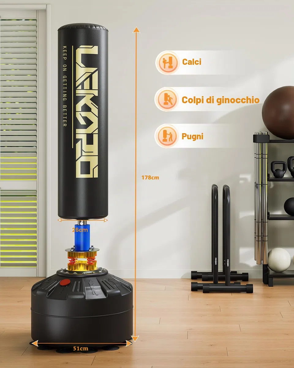 LEKÄRO Sacco Boxe da Terra, Sacco da Boxe Autoportante MMA con Base a 12 Potenti Ventose, kit per allenamento per MMA, muay thai, fitness, casa, palestra