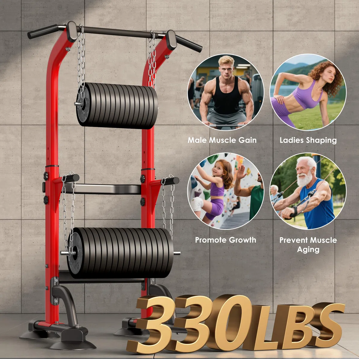 SogesPower Power Tower Dip Station Barra per trazioni per palestra a casa regolabile in altezza attrezzatura per allenamento di forza, rosso