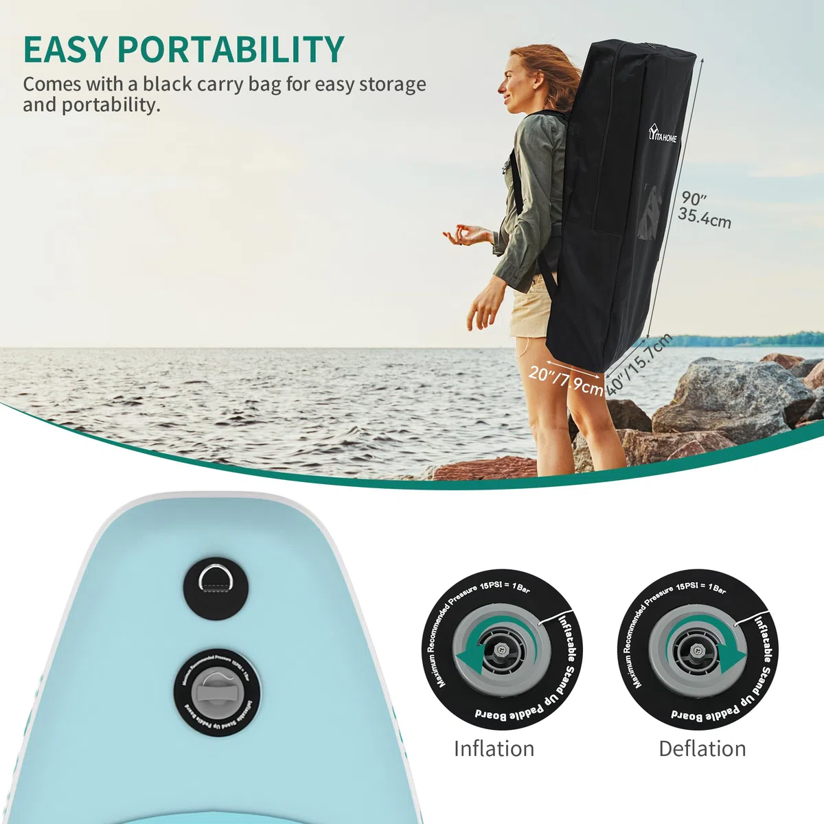 YITAHOME Tavola da surf gonfiabile con accessori SUP incluso zaino, borsa impermeabile, guinzaglio, pagaia regolabile, pompa, per ragazzi 320 x 81 x 15 cm, blu mare e bianco