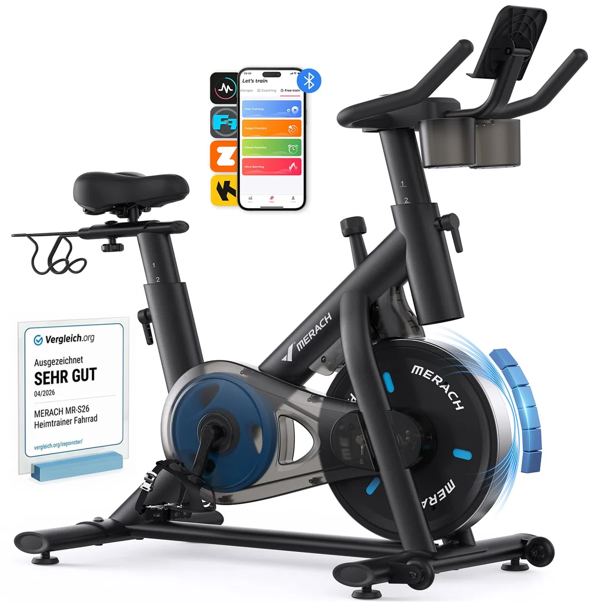 MERACH Cyclette da Casa con Resistenza Regolabile, Bicicletta da Appartamento Silenziosa con Schermo LED Migliorata, Sedile Comodo e Grande, App Esclusiva, Aerobica Domestica, Capacità Massima 136KG