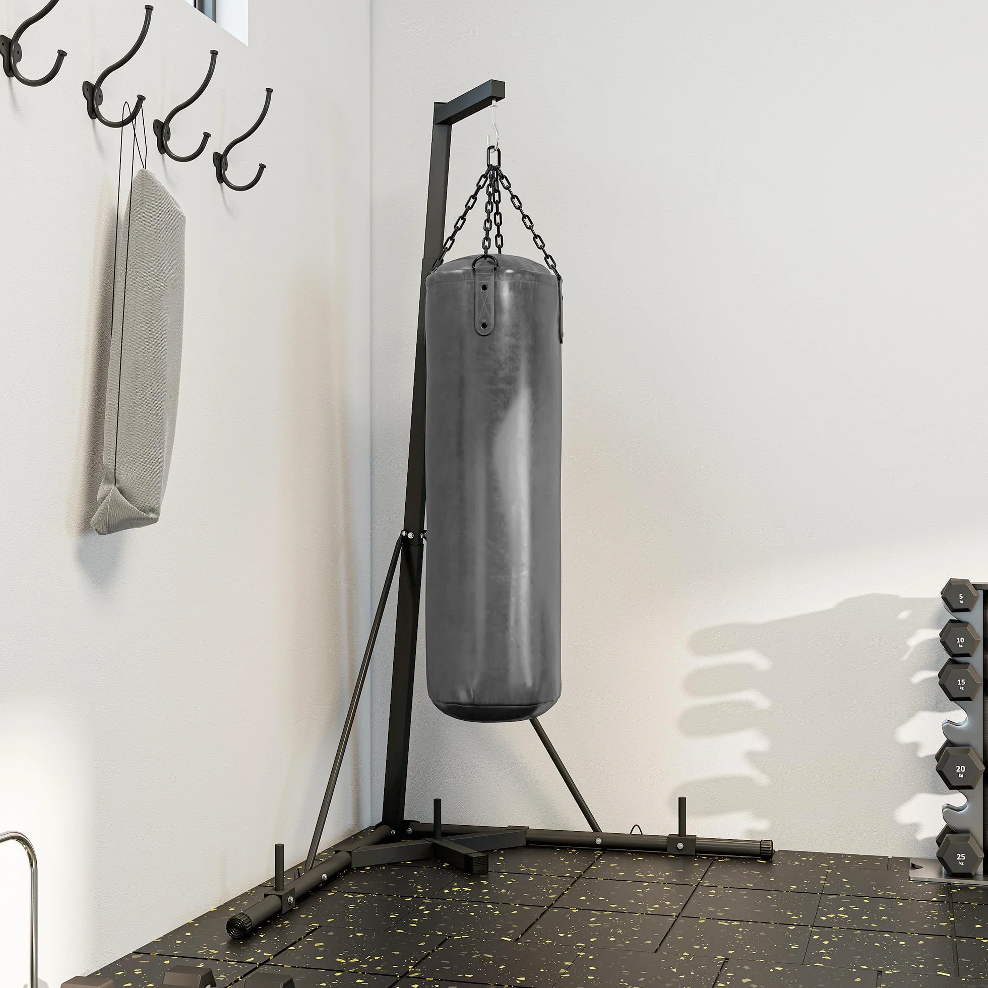 SPORTNOW Supporto Sacco da Boxe Regolabile in Altezza e Autoportante, Sostegno con Base Triangolare e Supporto per Pesi, Max 60kg, 170x90x182-225 cm, Nero