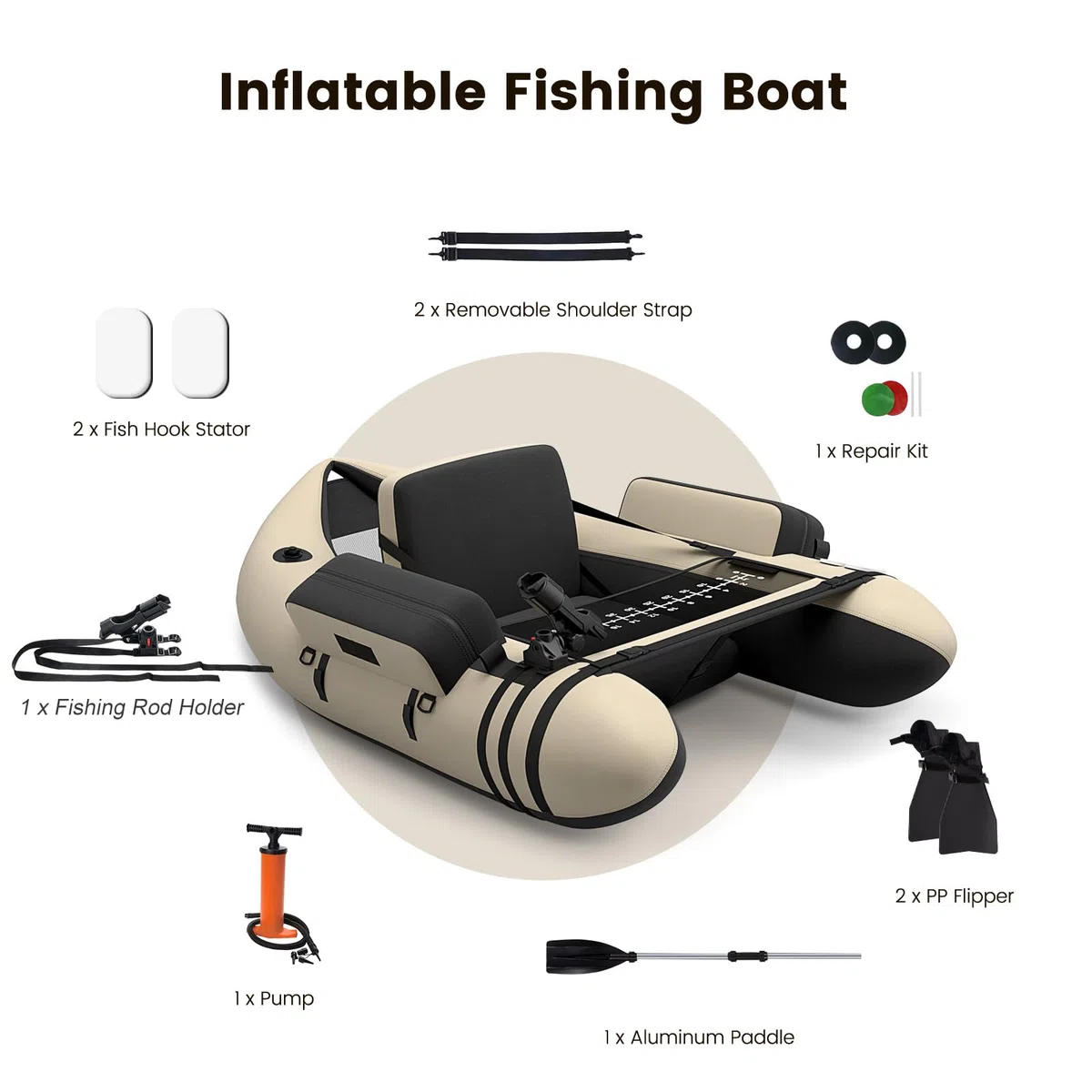 HOMASIS Gommone da Pesca per Adulti, Gommone Gonfiabile con Pinne in PP e Pagaia in Alluminio, Canotto da Pesca con Attrezzatura Completa, Portata 160 kg, 136 x 105 x 54 cm