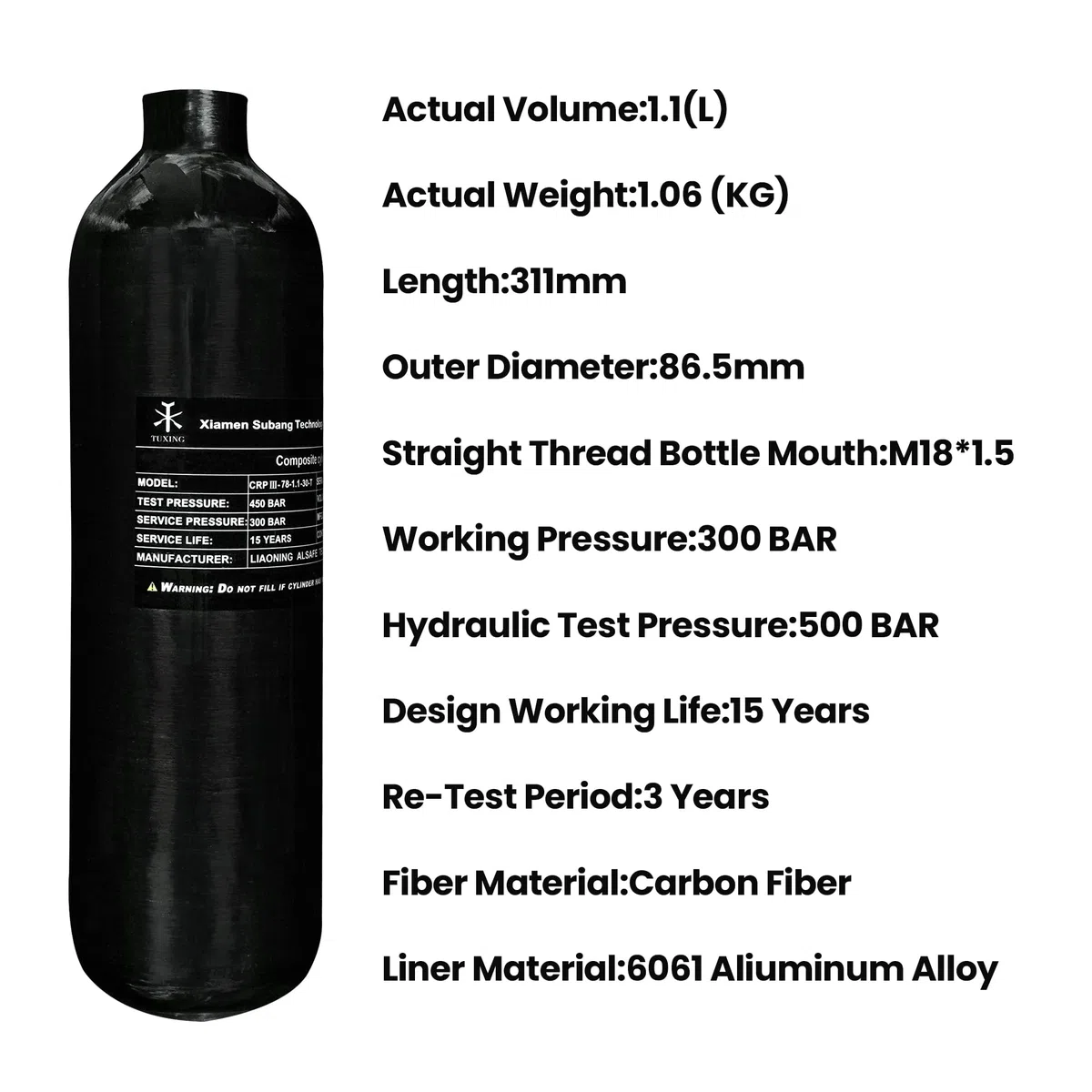 30Mpa 4500Psi 1.1L 67Cu in Serbatoio HPA in Fibra di Carbonio da 700 CC, bombola del Gas, Caccia al Paintball per Fucile ad Aria compressa PCP Daystate e Filettatura FX M18 * 1.5zwart