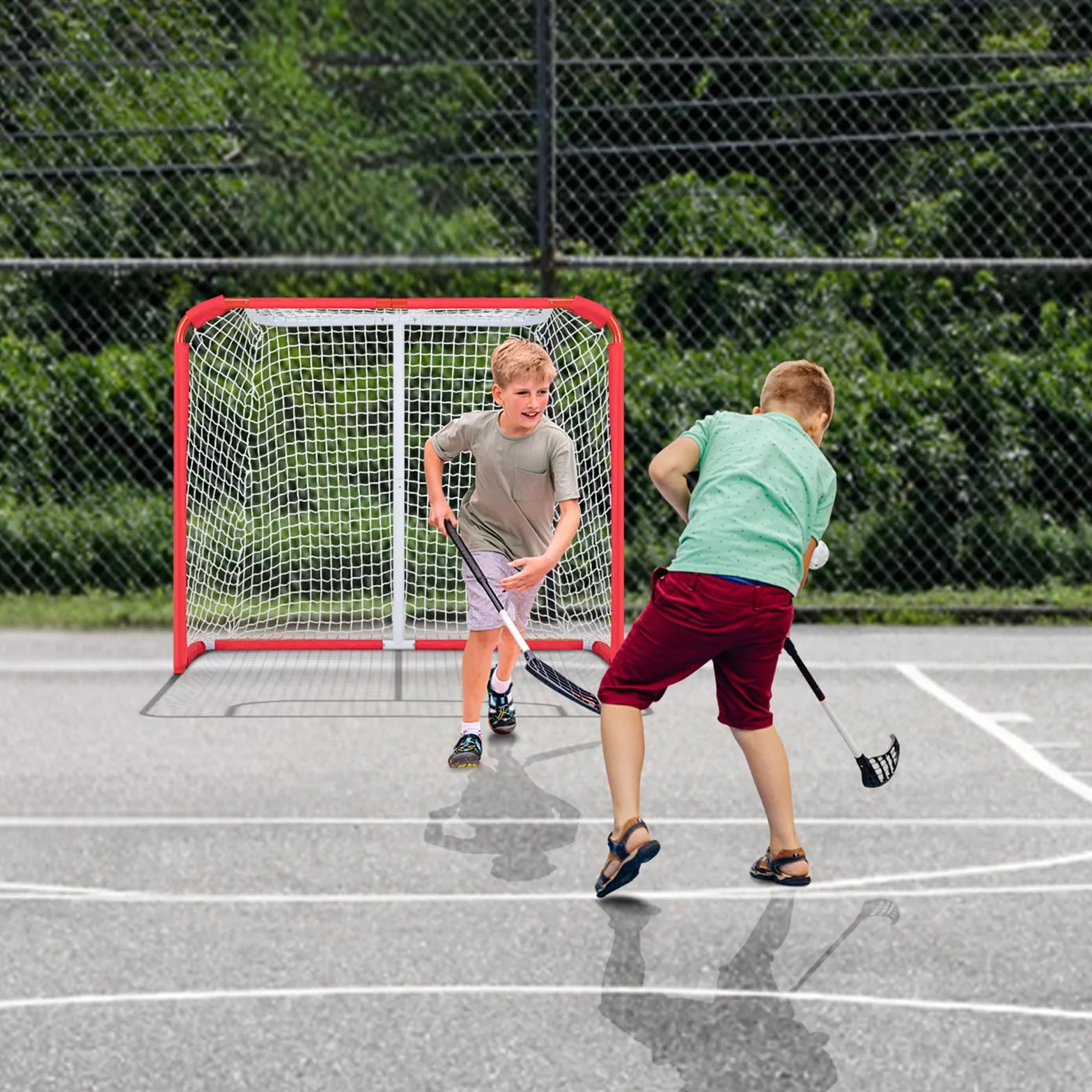 VEVOR Rete di Hockey per Strada, Porta da Hockey in Acciaio Interni Esterni, per Ragazzi Street, Roller per Bambini Allenamento, Set di Porte da per Hockey Junior, 137x112 cm, Bianco e Rosso