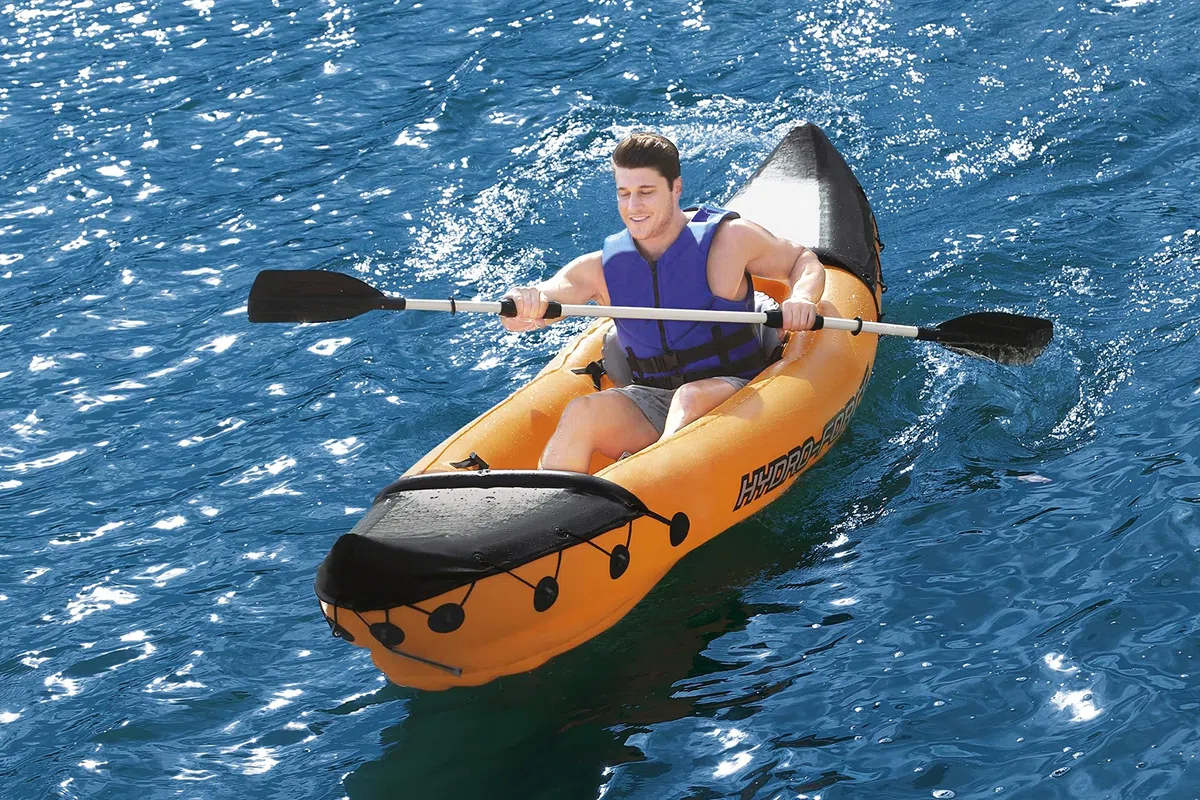 Hydro-Force Rapid Kayak | Set kayak gonfiabile per 2 persone con sedili, schienale, pagaie, pompa a mano e borsa per il trasporto, arancione
