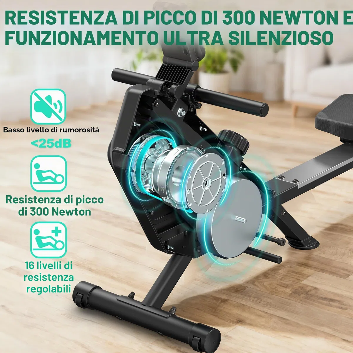 Vogatore per casa, vogatore magnetico, resistenza a 16 livelli, silenzioso, per allenamento cardio, connessione app, portata 160 kg, verticale