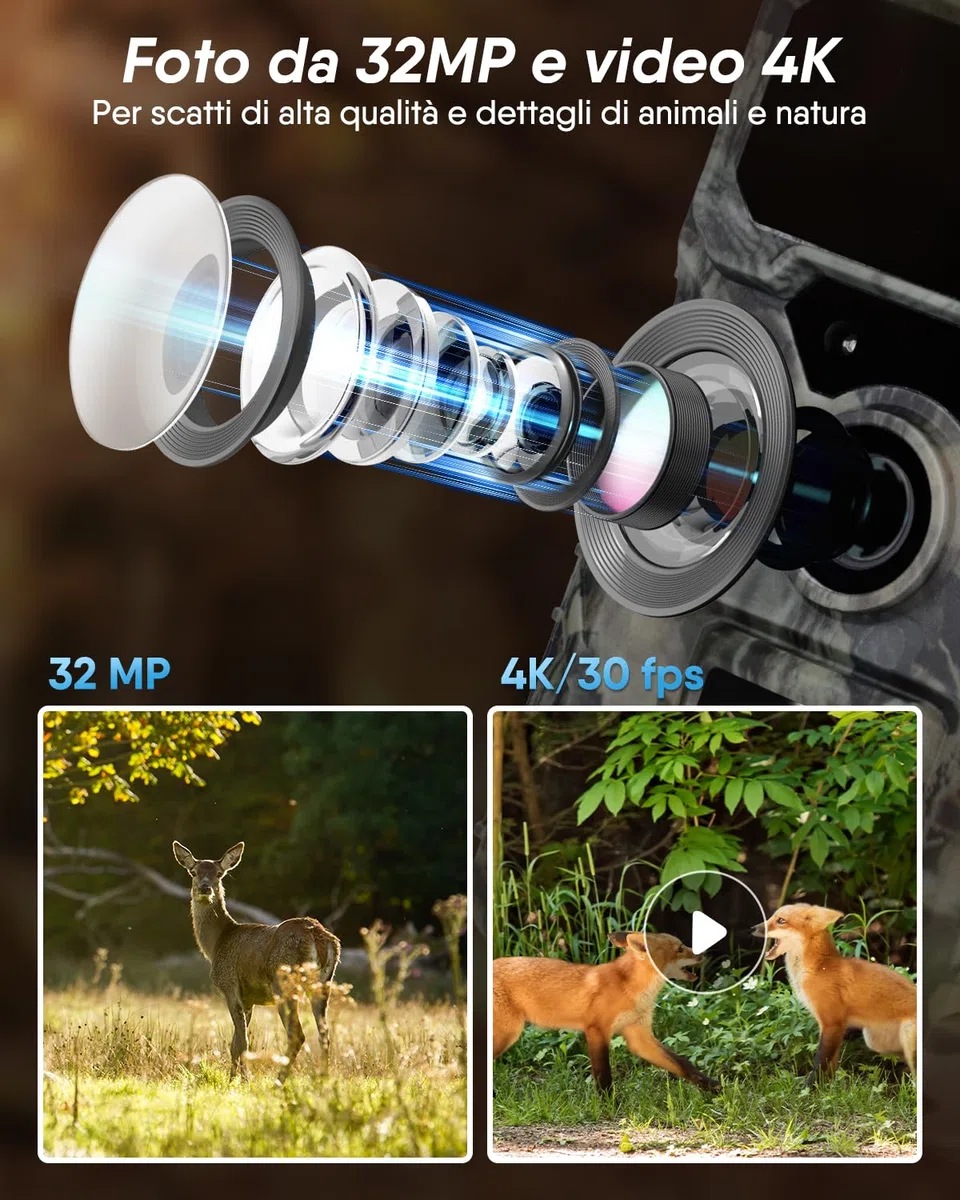 Rollei Fototrappola con Sim 4G, 4K Fototrappola Notturna con App e Sensore di Movimento Telecamera Caccia Notturna Infrarossi con Batteria e Scheda 32GB IP66, Fototrappola-4G-Sim-Wildlife-Camera