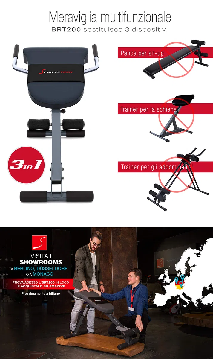 Sportstech BRT200 3in1. Panca per Schiena e Addome con Innovativo Design Antiscivolo, Brevettato, Multifunzionale, Ripiegabile, Imbottitura ergonomica, 5 Livelli di inclinazione.