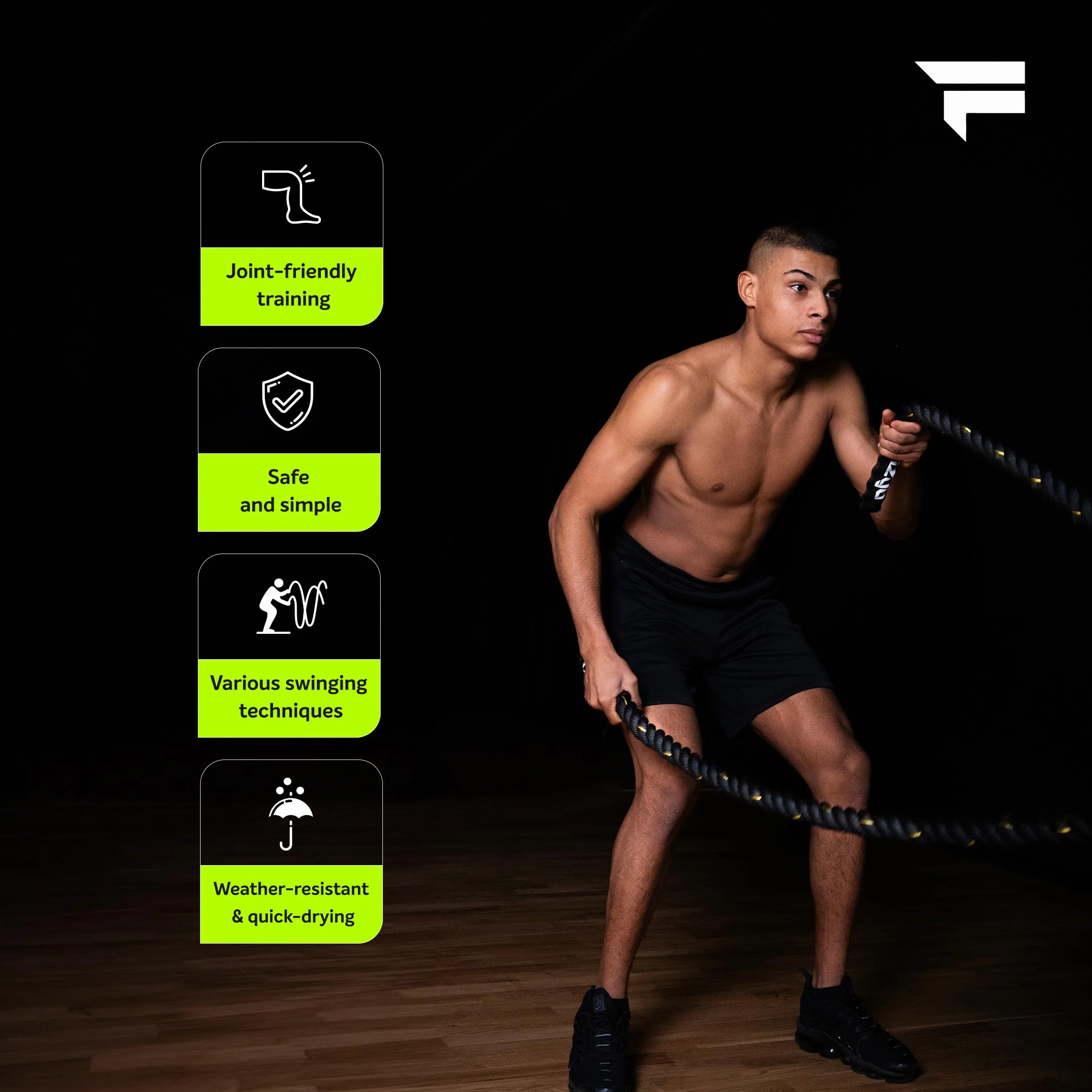 FIZYO Battle Rope – Corda da Allenamento Robusta per Functional Training, Cross Training, Forza e Resistenza – Diametro 3,8 cm, Costruzione a 3 Fili – Home Gym & Outdoor (9m)