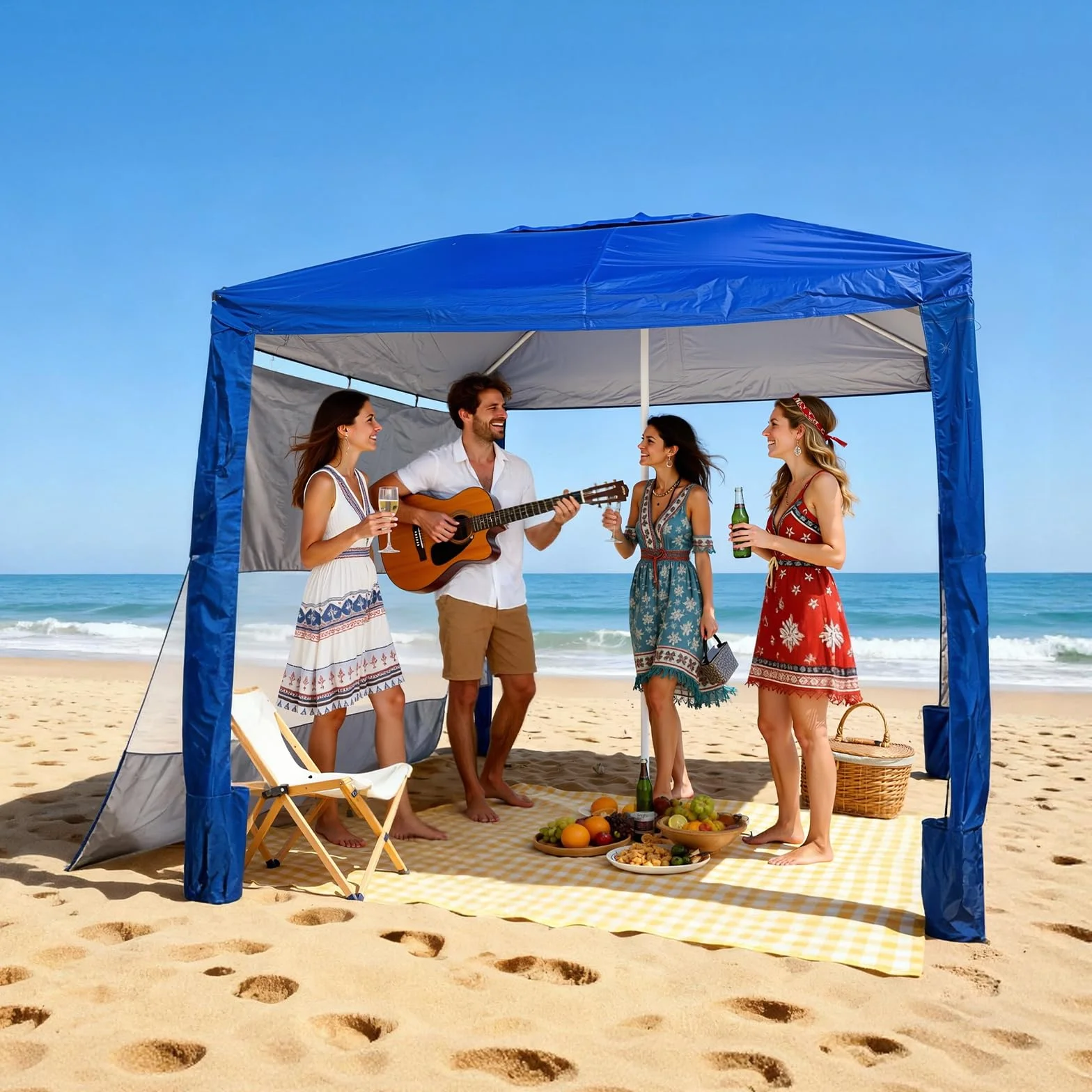 VEVOR Parasole da Spiaggia Portatile 2400 x 2400 x 2400 mm con Parete Laterale e Tasche per la Sabbia, Facile da Montare, Ombrellone Parasole Portatile Regolabile in Altezza per Famiglia, Blu