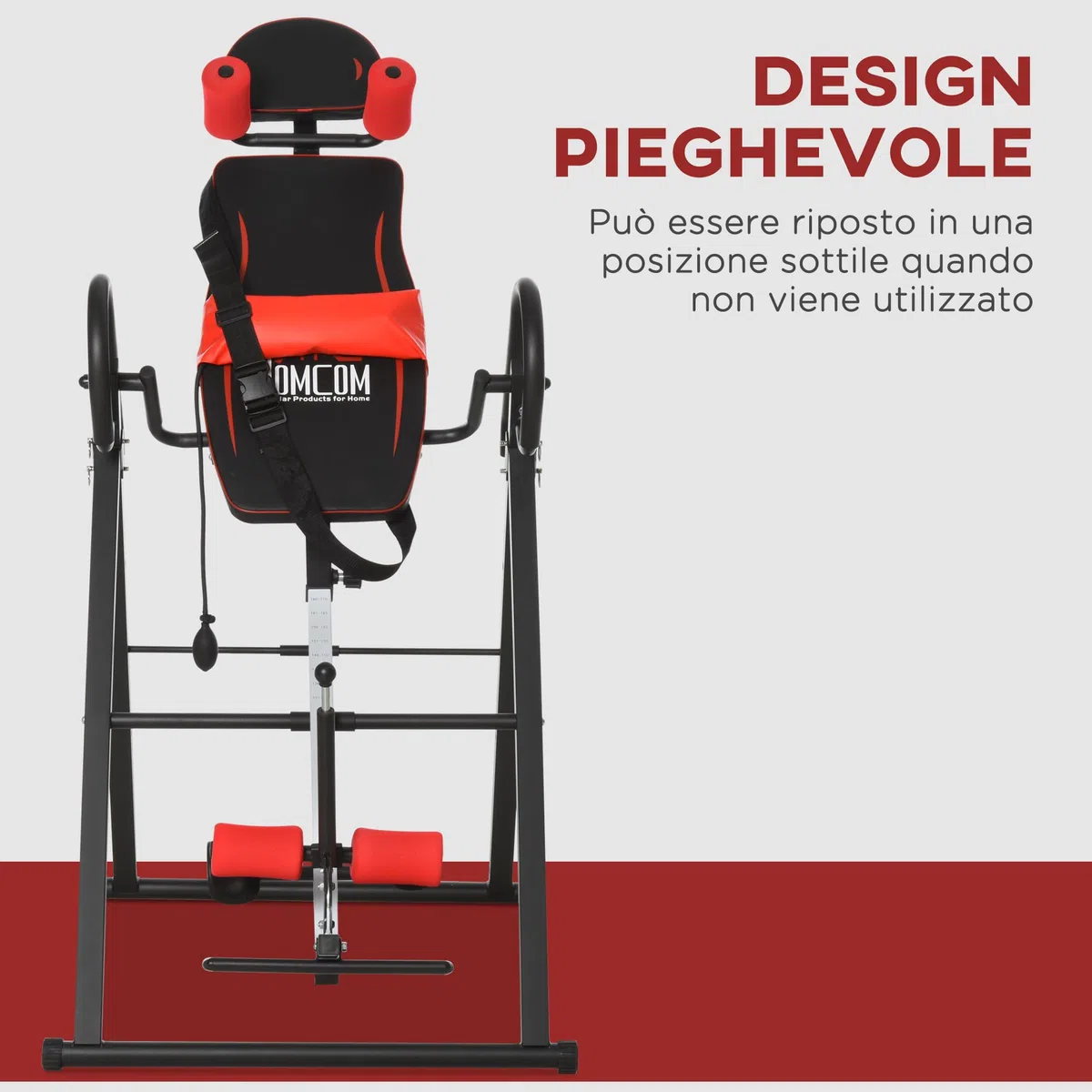 HOMCOM Panca a Inversione con Angolazione e Altezza Regolabile e Poggiatesta, Panca Inversa in Acciaio e Plastica, 79x114x153 cm, Rosso e Nero