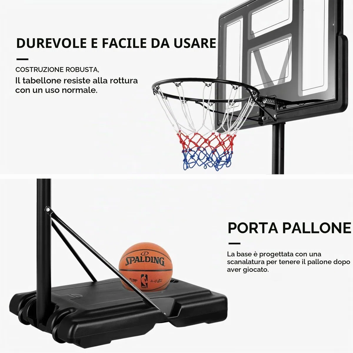Canestro da Basket Portatile per Adulti, Canestro Basket Regolabile in Altezza 230-305 cm con Ruote Tabellone Infrangibile e Retina Durevole, Adatto a Interno Esterno