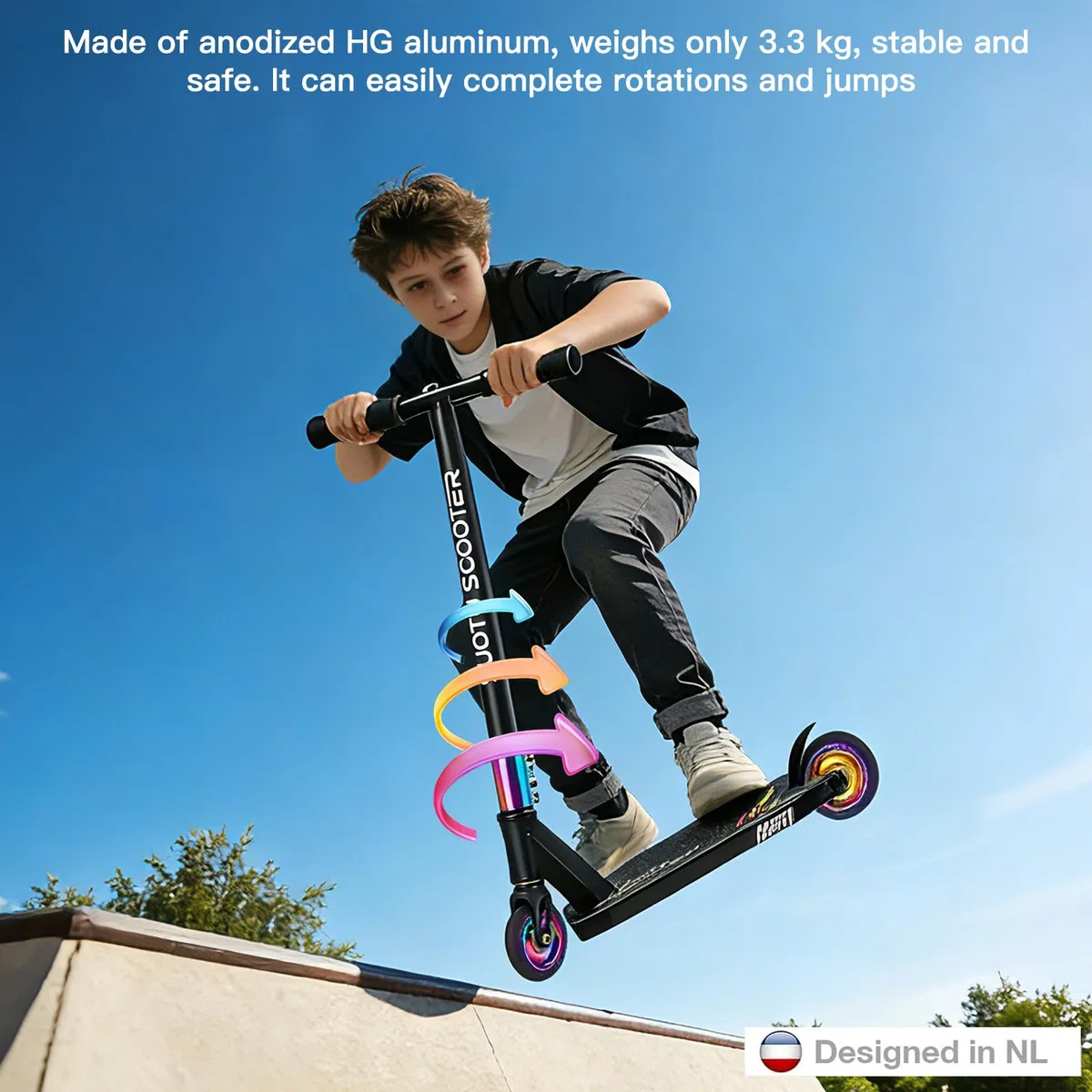Monopattino Freestyle, Sterzo a 360°, Monopattino da Trick con Ruote in PU da 85A 100 mm, Stunt Scooter per Bambini Adolescente e Adulti, Capacità di Carico: 100 kg, Alluminio (Nero– Arcobaleno)