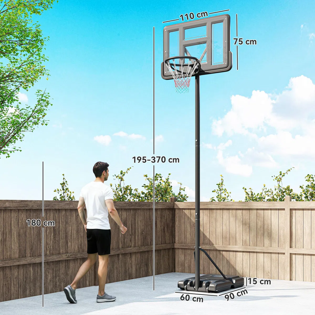 SPORTNOW Canestro Basket ad Altezza Regolabile per Giardino e Piscina con Base Riempibile e Spazio per Palla, in Acciaio, Plastica e HDPE, 110x75x195-370 cm, Nero
